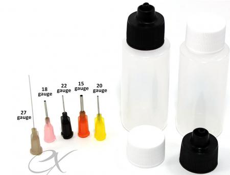 Needle applicators for applying glue and other materials to models